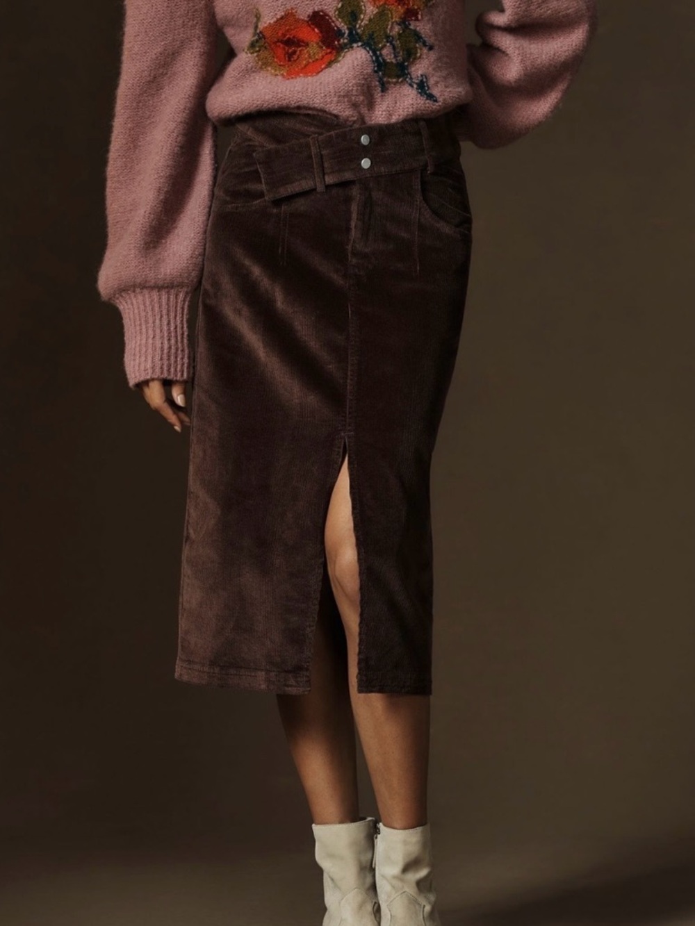 Pilcro Double Waist Corduroy Midi Skirt Slit Slant Pockets Brown Anthropologie